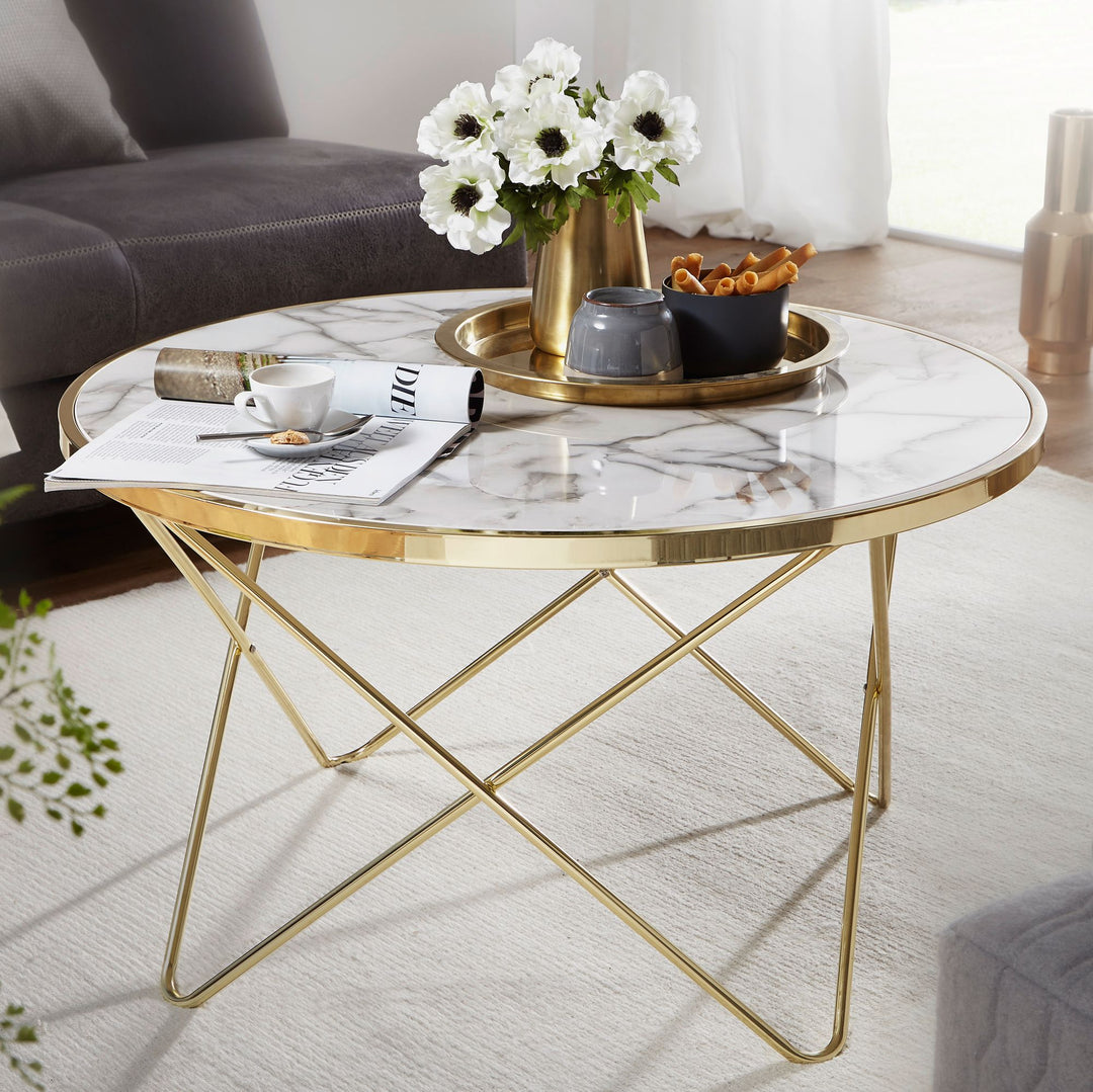 Marmor-Optik Couchtisch_ filigranes Metallgestell in Gold_ großer Wohnzimmertisch_ pflegeleicht - KADIMA DESIGN_Größe_ 85x85x49 cm_