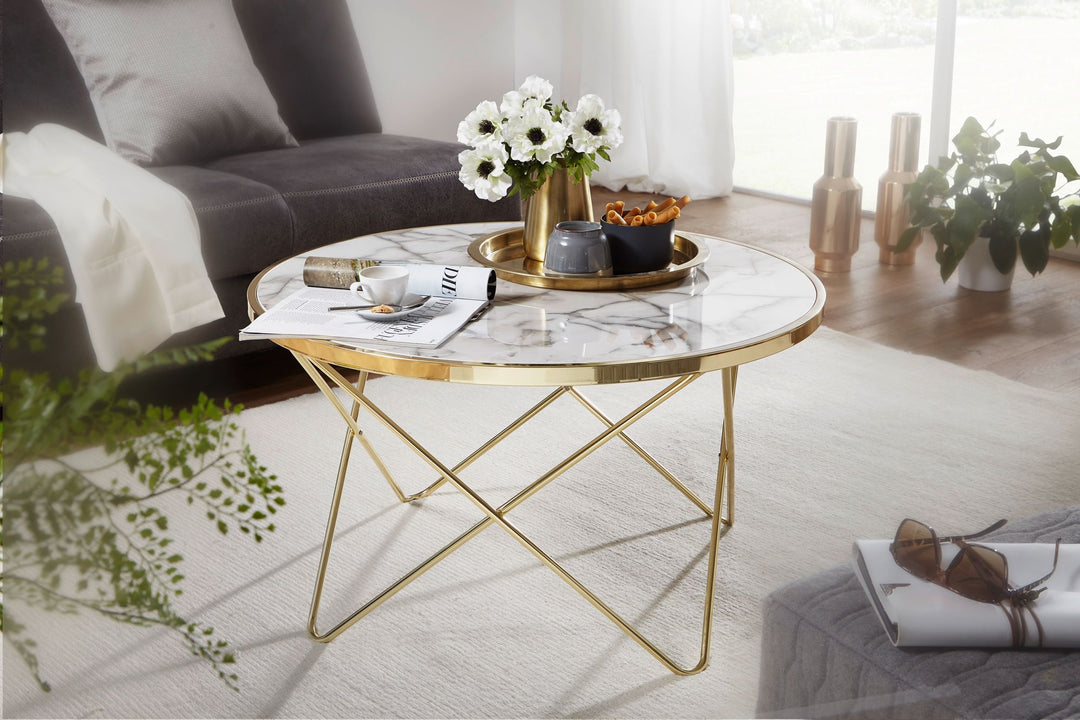 Marmor-Optik Couchtisch_ filigranes Metallgestell in Gold_ großer Wohnzimmertisch_ pflegeleicht - KADIMA DESIGN_Größe_ 85x85x49 cm_