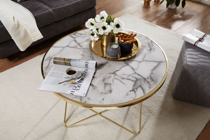 Marmor-Optik Couchtisch_ filigranes Metallgestell in Gold_ großer Wohnzimmertisch_ pflegeleicht - KADIMA DESIGN_Größe_ 85x85x49 cm_