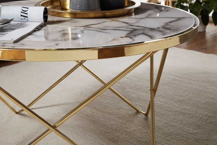 Marmor-Optik Couchtisch_ filigranes Metallgestell in Gold_ großer Wohnzimmertisch_ pflegeleicht - KADIMA DESIGN_Größe_ 85x85x49 cm_