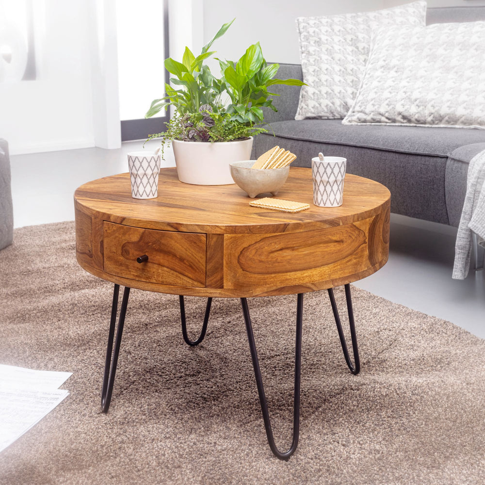 Couchtisch aus Sheesham-Massivholz mit Schubladen und schwarzen Metallbeinen_ Handgefertigt - KADIMA DESIGN_Größe_ 60x60x44 cm_