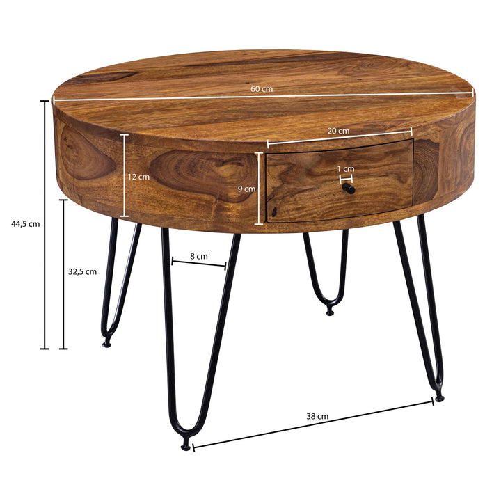 Couchtisch aus Sheesham-Massivholz mit Schubladen und schwarzen Metallbeinen_ Handgefertigt - KADIMA DESIGN_Größe_ 60x60x44 cm_