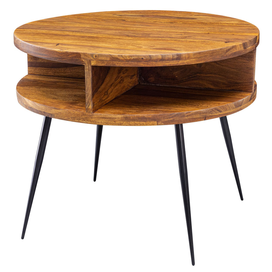 KADIMA DESIGN Couchtisch Massivholz sheesham rund - Moderne Tischplatte mit 4 Ablagefächern_ schwarzem Metallgestell - Rustikaler Charme_Braun_#sku_BARWL5.962#