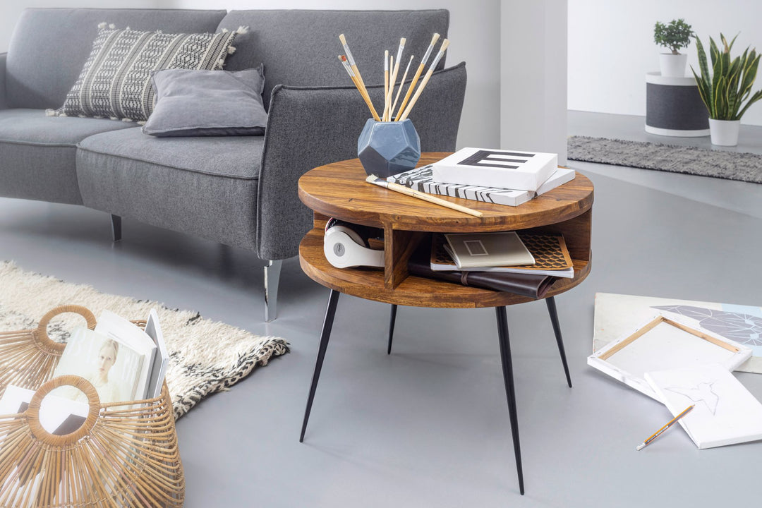 Massivholz sheesham Couchtisch_ rund_ 4 Ablagefächer_ schwarzes Metallgestell - KADIMA DESIGN_Größe_ 60x60x45 cm_