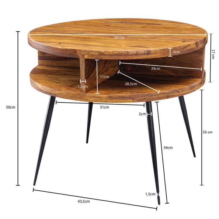 Massivholz sheesham Couchtisch_ rund_ 4 Ablagefächer_ schwarzes Metallgestell - KADIMA DESIGN_Größe_ 60x60x45 cm_