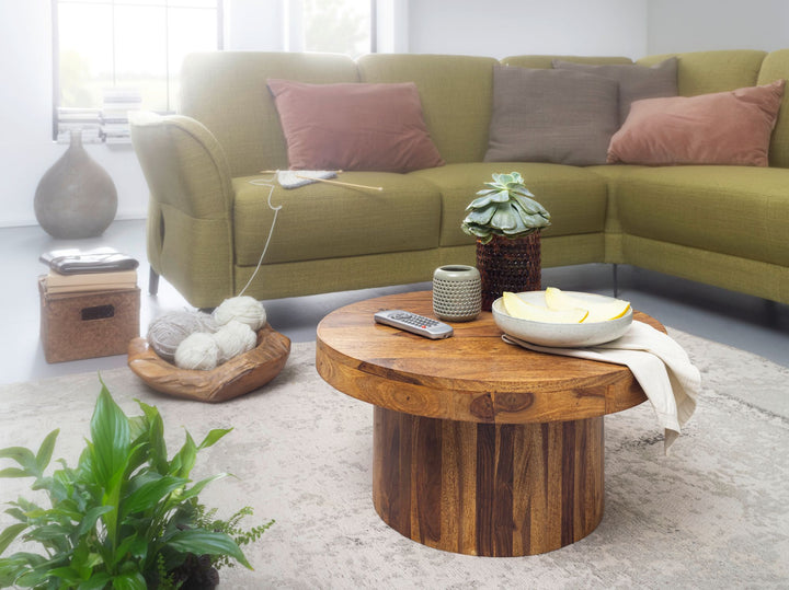 Massivholz Couchtisch_ Sheesham_ Braun Lackiert_ 60x60x30 cm_ robuster Sockelfuß - KADIMA DESIGN_Größe_ 60x60x30 cm_
