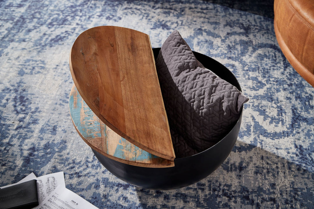 Industrie Stil Couchtisch SERCHIO_ Klappbare Tischplatte_ Aufbewahrung_ recyceltes Massivholz_ Metallkörper - KADIMA DESIGN_Farbe_ Schwarz_ Größe_ 60x60x34 cm_