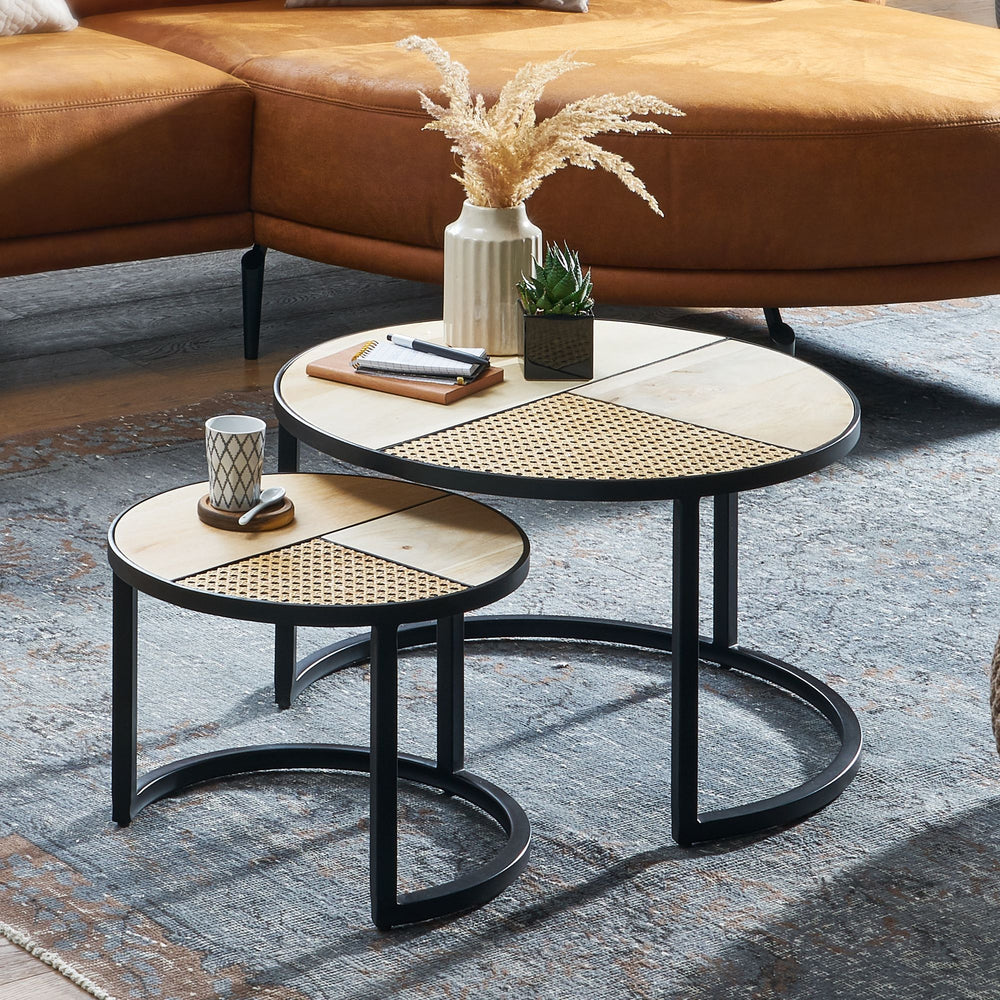 Industrie-Stil Beistelltisch Set_ Rattan und Holz_ Handgefertigt - KADIMA DESIGN_Größe_ 60x60x37 cm_