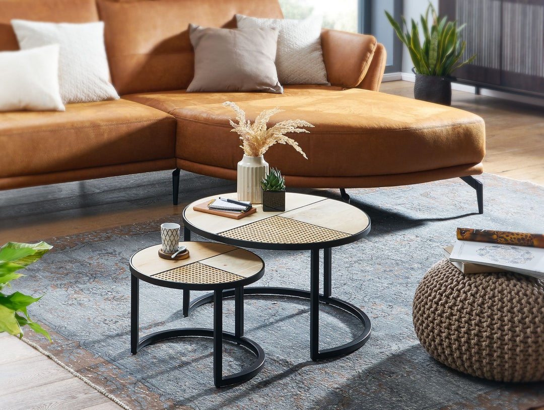 Industrie-Stil Beistelltisch Set_ Rattan und Holz_ Handgefertigt - KADIMA DESIGN_Größe_ 60x60x37 cm_