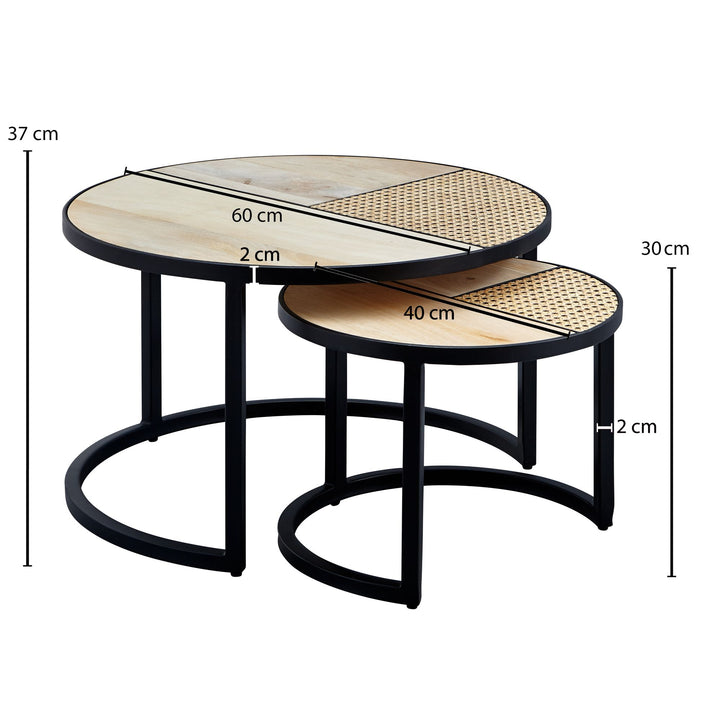Industrie-Stil Beistelltisch Set_ Rattan und Holz_ Handgefertigt - KADIMA DESIGN_Größe_ 60x60x37 cm_