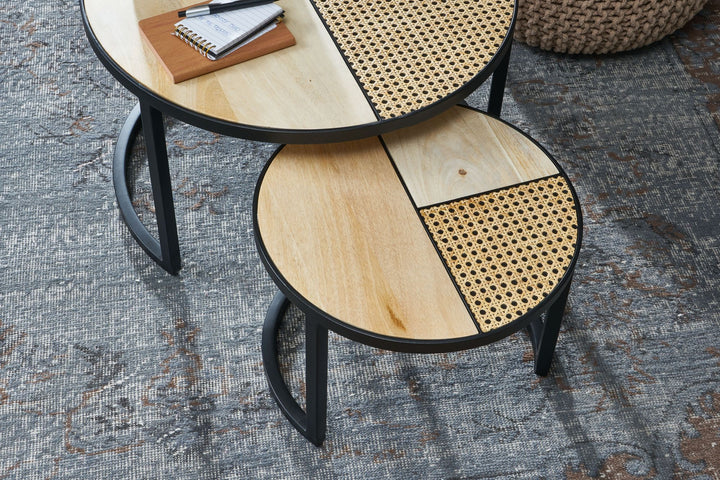 Industrie-Stil Beistelltisch Set_ Rattan und Holz_ Handgefertigt - KADIMA DESIGN_Größe_ 60x60x37 cm_
