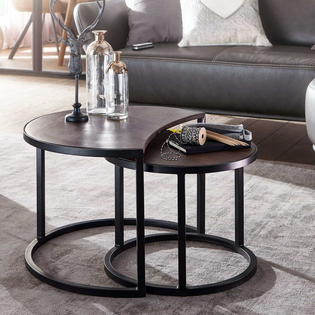 Couchtische ESINO Set_ Industrial-Stil_ Holz und Metall_ handgefertigt_ Anti-Rutsch-Noppen_ 15 kg/10 kg Belastung - KADIMA DESIGN_Farbe_ Braun_ Größe_ 60x41x41 cm_