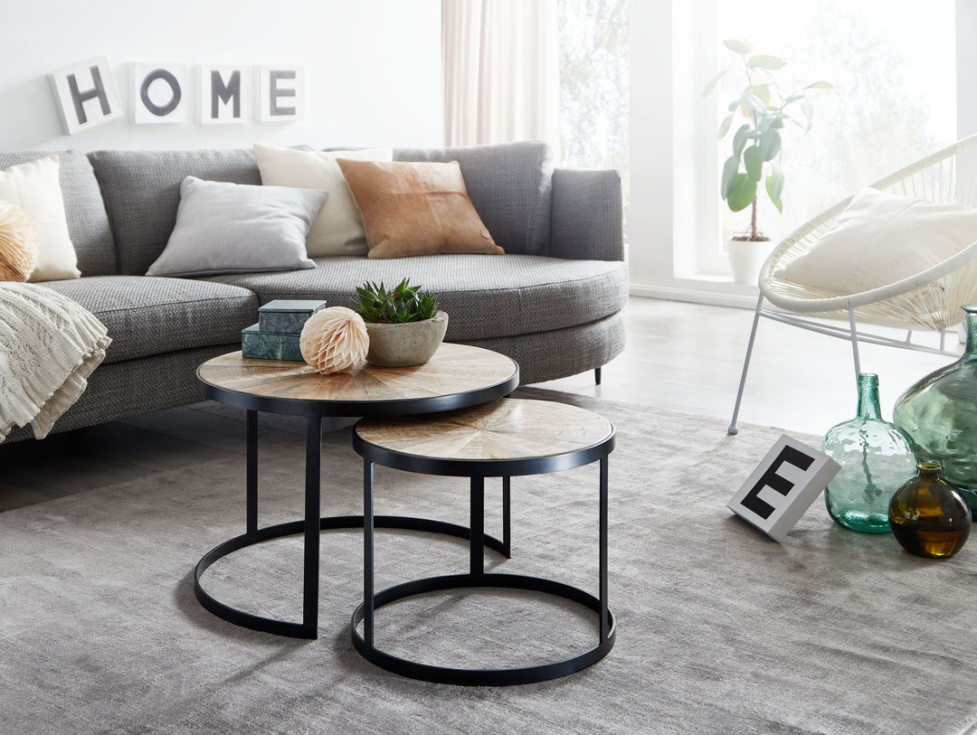 Couchtisch-Set ESINO_ Industrie-Stil_ 2 Größen_ massives Holz und Metall_ platzsparend_ handgefertigt - KADIMA DESIGN_Farbe_ Braun_ Größe_ 60x60x40 cm_