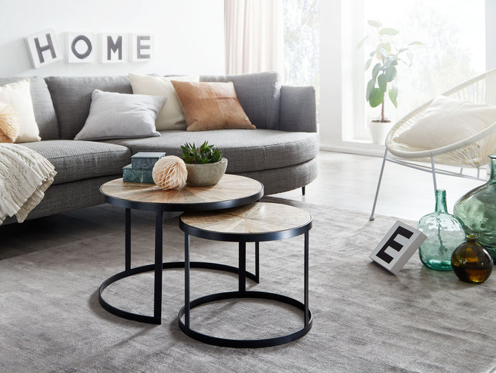 Couchtisch-Set ESINO_ Industrie-Stil_ 2 Größen_ massives Holz und Metall_ platzsparend_ handgefertigt - KADIMA DESIGN_Farbe_ Braun_ Größe_ 60x60x40 cm_