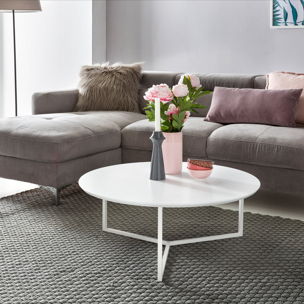 Runder Couchtisch aus weißem MDF-Holz_ Metall-Beingestell_ Ø 80 cm_ Höhe 33 cm - KADIMA DESIGN_Größe_ 80x80x33 cm_