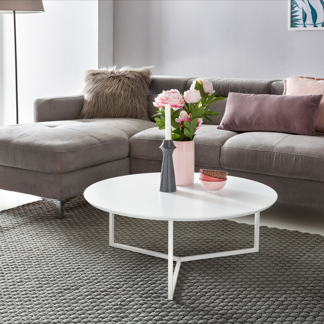 Runder Couchtisch aus weißem MDF-Holz_ Metall-Beingestell_ Ø 80 cm_ Höhe 33 cm - KADIMA DESIGN_Größe_ 80x80x33 cm_