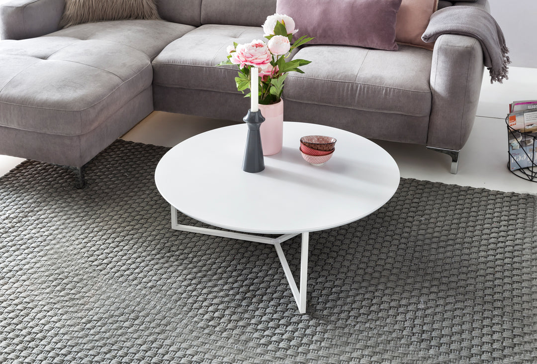 Runder Couchtisch aus weißem MDF-Holz_ Metall-Beingestell_ Ø 80 cm_ Höhe 33 cm - KADIMA DESIGN_Größe_ 80x80x33 cm_
