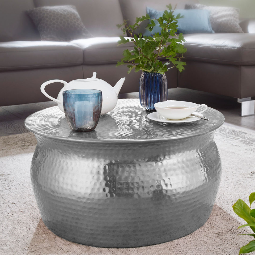 Couchtisch ENNS_ Orientalisch_ Hammerschlagstrukturen_ Aluminium_ handgefertigt - KADIMA DESIGN_Farbe_ Silber_ Größe_ 60x60x30 cm_