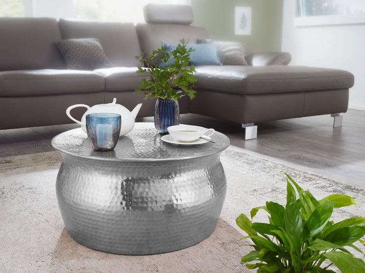 Couchtisch ENNS_ Orientalisch_ Hammerschlagstrukturen_ Aluminium_ handgefertigt - KADIMA DESIGN_Farbe_ Silber_ Größe_ 60x60x30 cm_