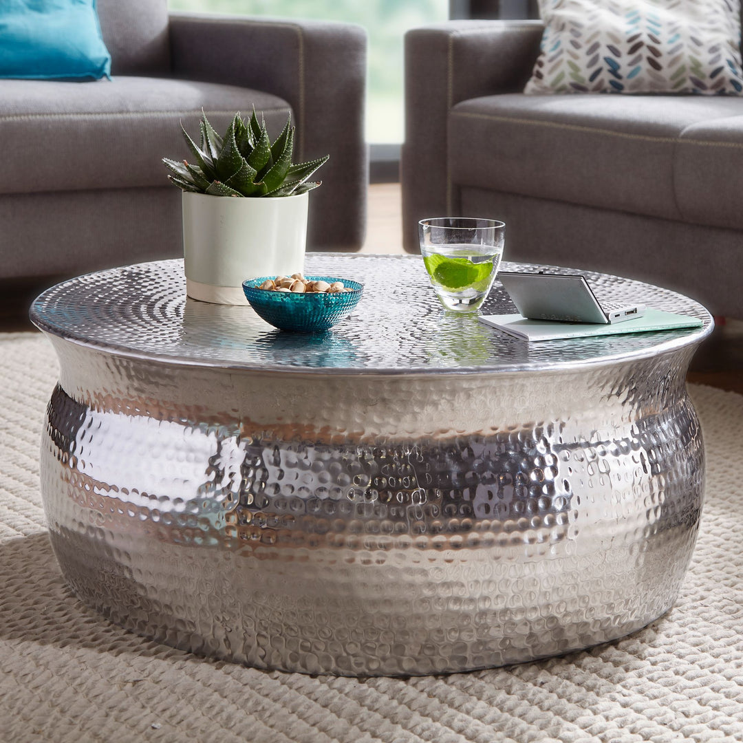 Orient Couchtisch_ Handgefertigt_ Hammerschlag-Aluminium_ großzügige Ablagefläche - KADIMA DESIGN_Farbe_ Silber_ Größe_ 75x75x31 cm_