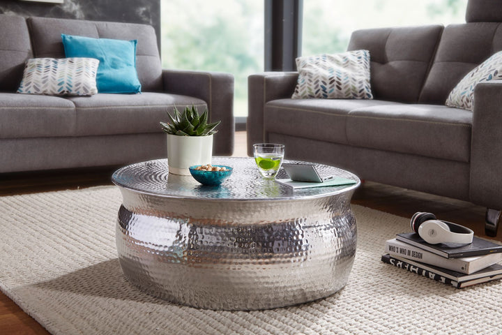 Orient Couchtisch_ Handgefertigt_ Hammerschlag-Aluminium_ großzügige Ablagefläche - KADIMA DESIGN_Farbe_ Silber_ Größe_ 75x75x31 cm_