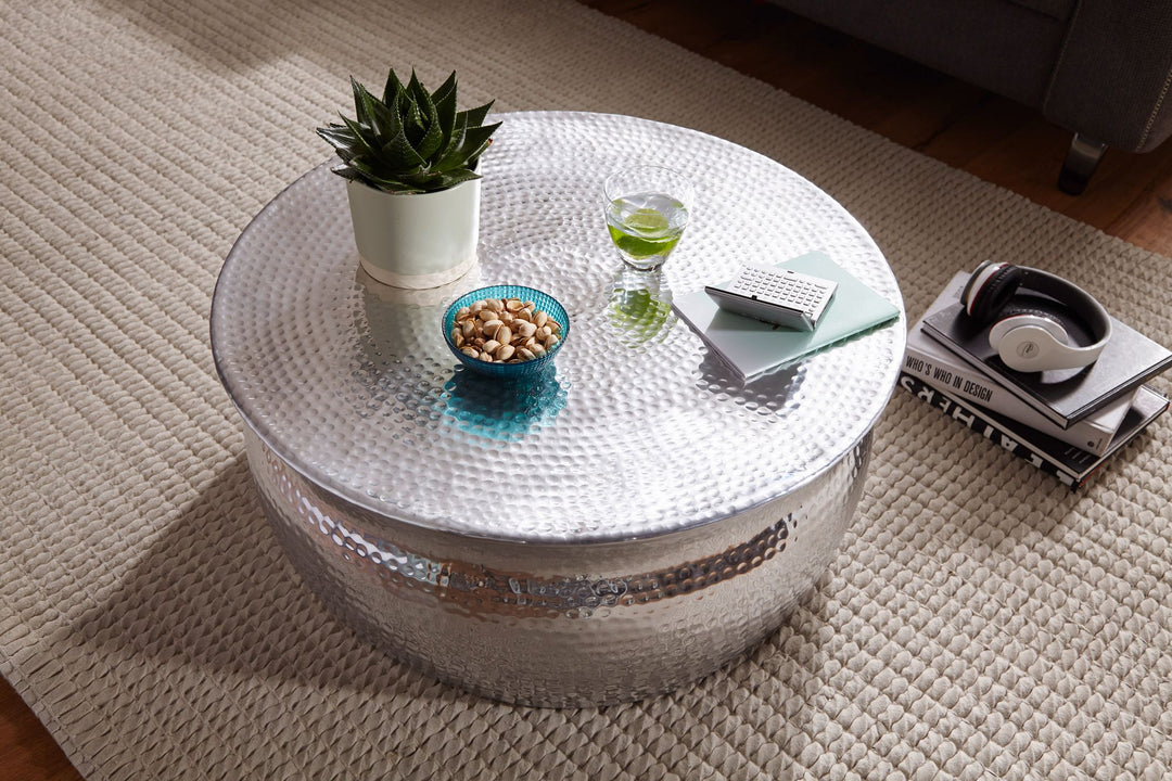 Orient Couchtisch_ Handgefertigt_ Hammerschlag-Aluminium_ großzügige Ablagefläche - KADIMA DESIGN_Farbe_ Silber_ Größe_ 75x75x31 cm_