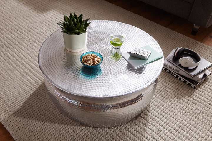 Orient Couchtisch_ Handgefertigt_ Hammerschlag-Aluminium_ großzügige Ablagefläche - KADIMA DESIGN_Farbe_ Silber_ Größe_ 75x75x31 cm_
