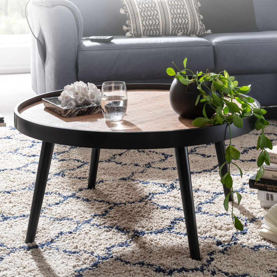 Couchtisch mit Ablagefläche in Holzoptik_ Runder Tisch_ Erhöhter Rand - KADIMA DESIGN_Größe_ 76x76x40 cm_