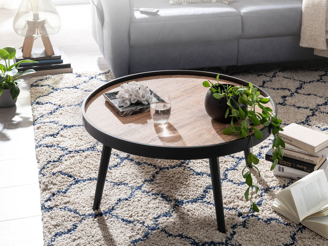 Couchtisch mit Ablagefläche in Holzoptik_ Runder Tisch_ Erhöhter Rand - KADIMA DESIGN_Größe_ 76x76x40 cm_