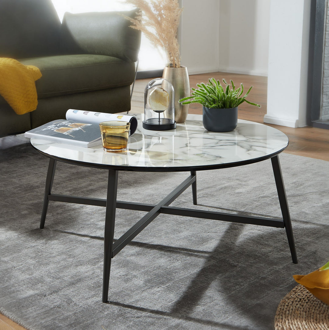 KADIMA DESIGN Stylischer Marmor-Optik Couchtisch mit mattem Schwarzgestell – Eleganter Wohnzimmer Kaffeetisch_Weiß_#sku_BARWL6.232#