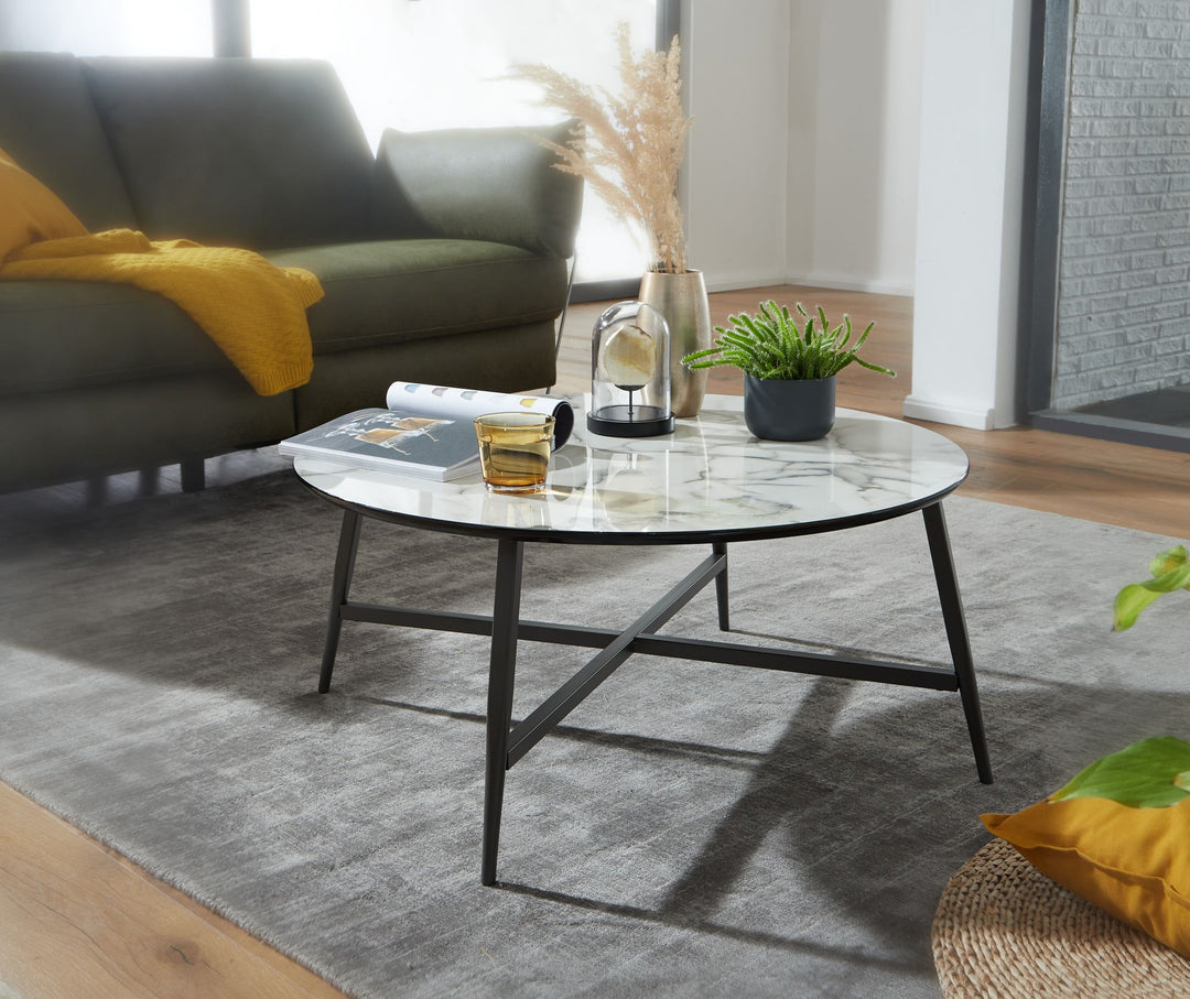KADIMA DESIGN Stylischer Marmor-Optik Couchtisch mit mattem Schwarzgestell – Eleganter Wohnzimmer Kaffeetisch_Weiß_#sku_BARWL6.232#