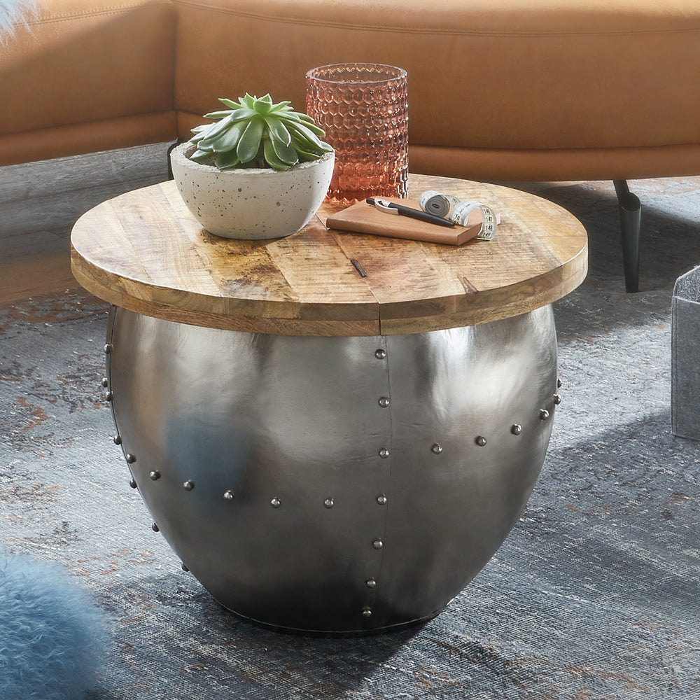 Couchtisch SERCHIO_ rund_ Industrial-Stil_ Massivholz/Metall_ Stauraum - KADIMA DESIGN_Größe_ 60x60x43 cm_