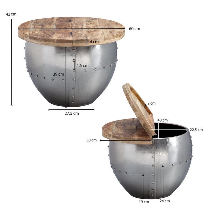 Couchtisch SERCHIO_ rund_ Industrial-Stil_ Massivholz/Metall_ Stauraum - KADIMA DESIGN_Größe_ 60x60x43 cm_
