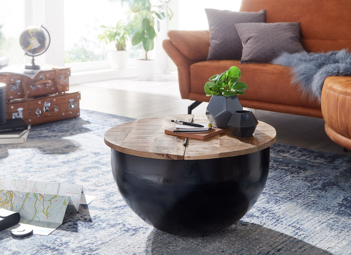 Industrial Couchtisch mit Metallkörper &amp;amp; Mango Holzplatte_ Aufklappbare Stauraumoption - KADIMA DESIGN_Größe_ 60x60x34 cm_