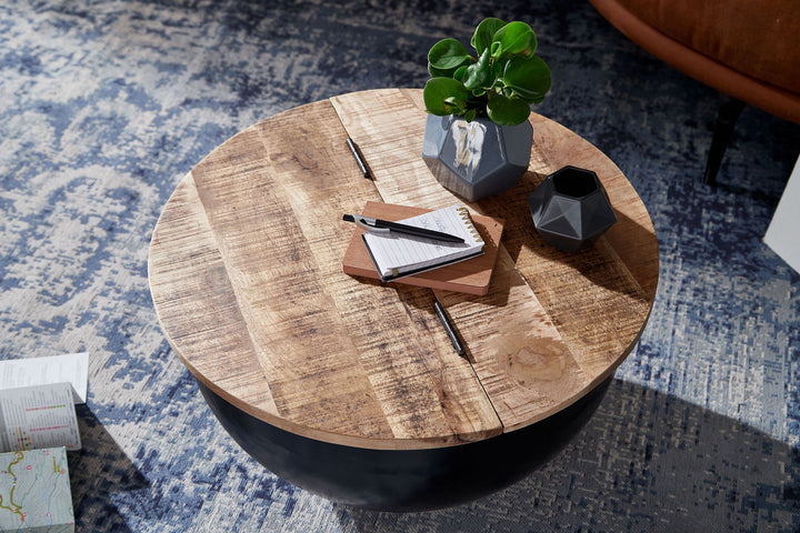 Industrial Couchtisch mit Metallkörper &amp;amp; Mango Holzplatte_ Aufklappbare Stauraumoption - KADIMA DESIGN_Größe_ 60x60x34 cm_