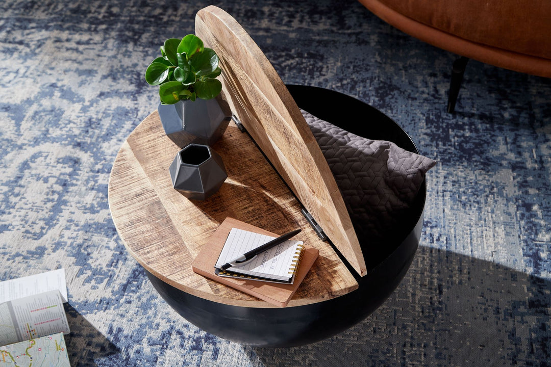 Industrial Couchtisch mit Metallkörper &amp; Mango Holzplatte_ Aufklappbare Stauraumoption - KADIMA DESIGN_Größe_ 60x60x34 cm_