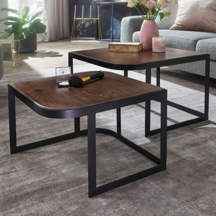 Massivholz Beistelltische TIMAVO_ Industrielles Set_ 60x40x60 cm &amp;amp; 50x35x50 cm_ Mango-Massivholz_ Eisen_ abgerundete Ecken - KADIMA DESIGN_Farbe_ Schwarz_ Größe_ 60x60x40 cm_