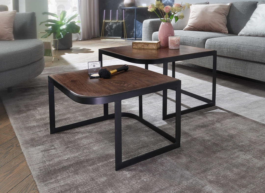 Massivholz Beistelltische TIMAVO_ Industrielles Set_ 60x40x60 cm &amp; 50x35x50 cm_ Mango-Massivholz_ Eisen_ abgerundete Ecken - KADIMA DESIGN_Farbe_ Schwarz_ Größe_ 60x60x40 cm_