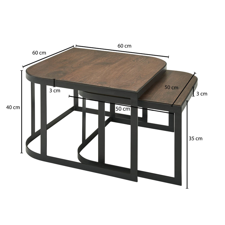 Massivholz Beistelltische TIMAVO_ Industrielles Set_ 60x40x60 cm &amp;amp; 50x35x50 cm_ Mango-Massivholz_ Eisen_ abgerundete Ecken - KADIMA DESIGN_Farbe_ Schwarz_ Größe_ 60x60x40 cm_