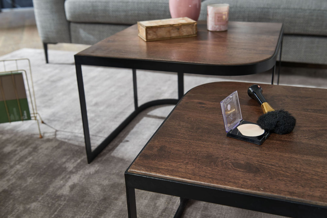 Massivholz Beistelltische TIMAVO_ Industrielles Set_ 60x40x60 cm &amp; 50x35x50 cm_ Mango-Massivholz_ Eisen_ abgerundete Ecken - KADIMA DESIGN_Farbe_ Schwarz_ Größe_ 60x60x40 cm_