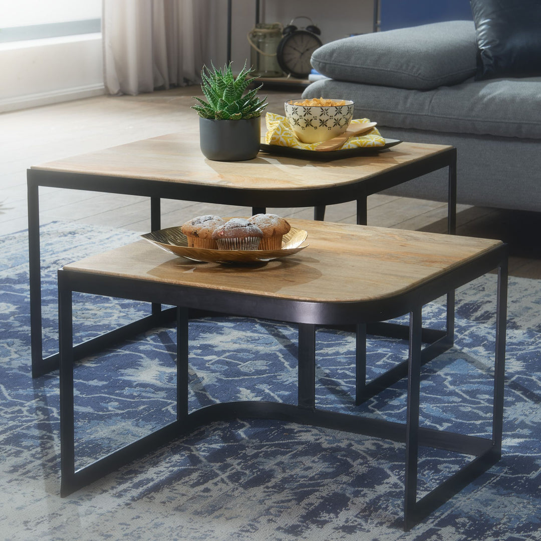 Massivholz Beistelltische TIMAVO_ Industrielles Set_ 60x40x60 cm &amp; 50x35x50 cm_ Mango-Massivholz_ Eisen_ abgerundete Ecken - KADIMA DESIGN_Farbe_ Braun_ Größe_ 60x60x40 cm_