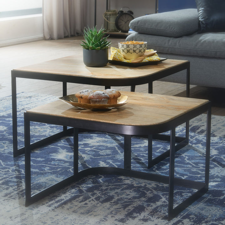 Massivholz Beistelltische TIMAVO_ Industrielles Set_ 60x40x60 cm &amp;amp; 50x35x50 cm_ Mango-Massivholz_ Eisen_ abgerundete Ecken - KADIMA DESIGN_Farbe_ Braun_ Größe_ 60x60x40 cm_