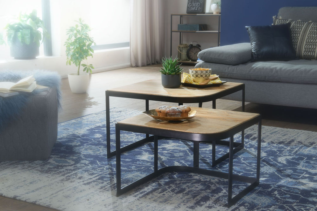 Massivholz Beistelltische TIMAVO_ Industrielles Set_ 60x40x60 cm &amp; 50x35x50 cm_ Mango-Massivholz_ Eisen_ abgerundete Ecken - KADIMA DESIGN_Farbe_ Braun_ Größe_ 60x60x40 cm_