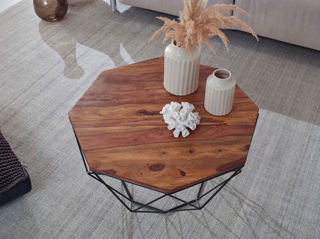 Couchtisch Sheesham_ Modernes Industrial-Design aus Holz und Edelstahl - KADIMA DESIGN_Größe_ 66x66x40 cm_