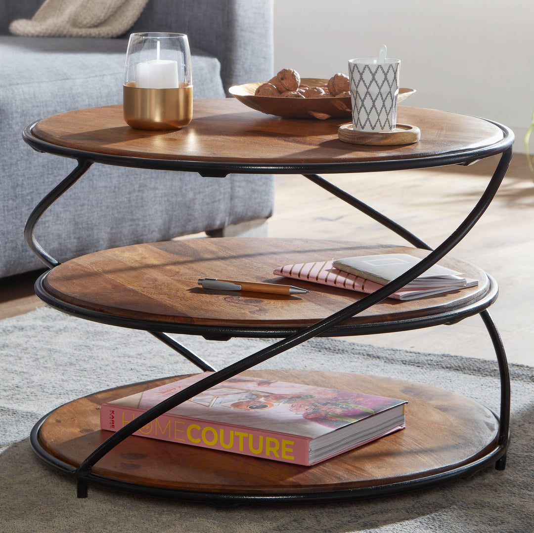Sheesham-Massivholz Couchtisch_ außergewöhnliches Design_ 58x58 cm_ 3 Ablageflächen_ Robust - KADIMA DESIGN_Größe_ 58x58x40 cm_