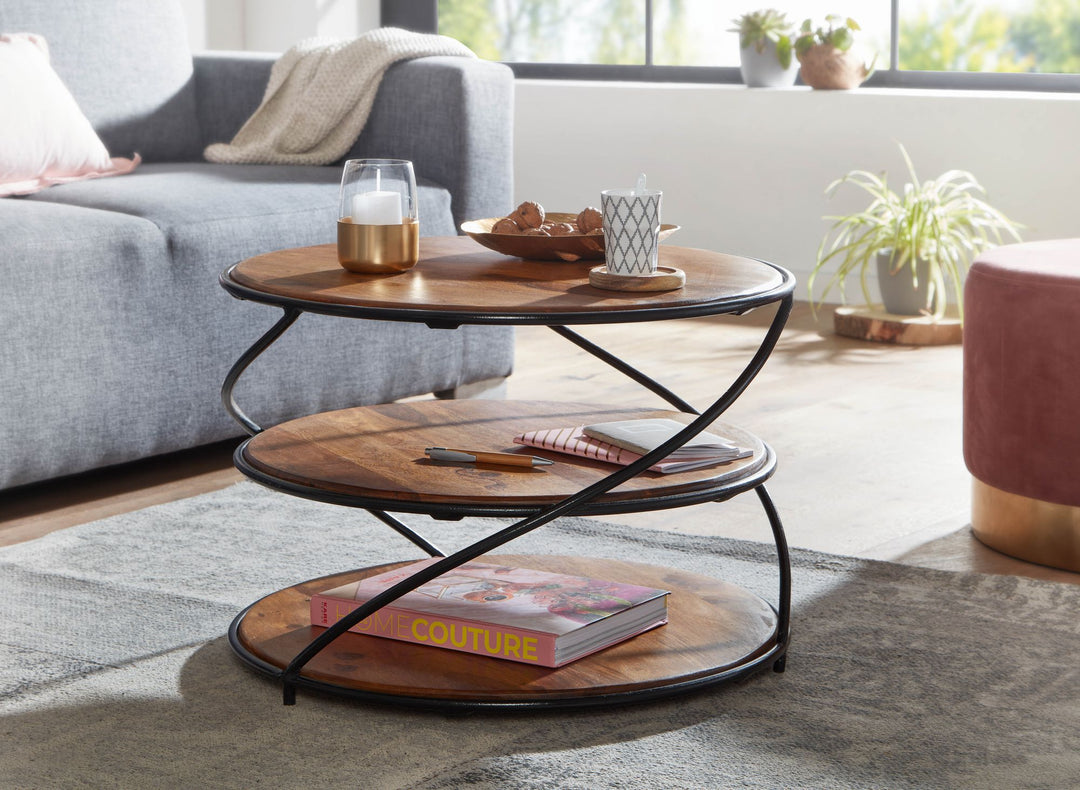 Sheesham-Massivholz Couchtisch_ außergewöhnliches Design_ 58x58 cm_ 3 Ablageflächen_ Robust - KADIMA DESIGN_Größe_ 58x58x40 cm_