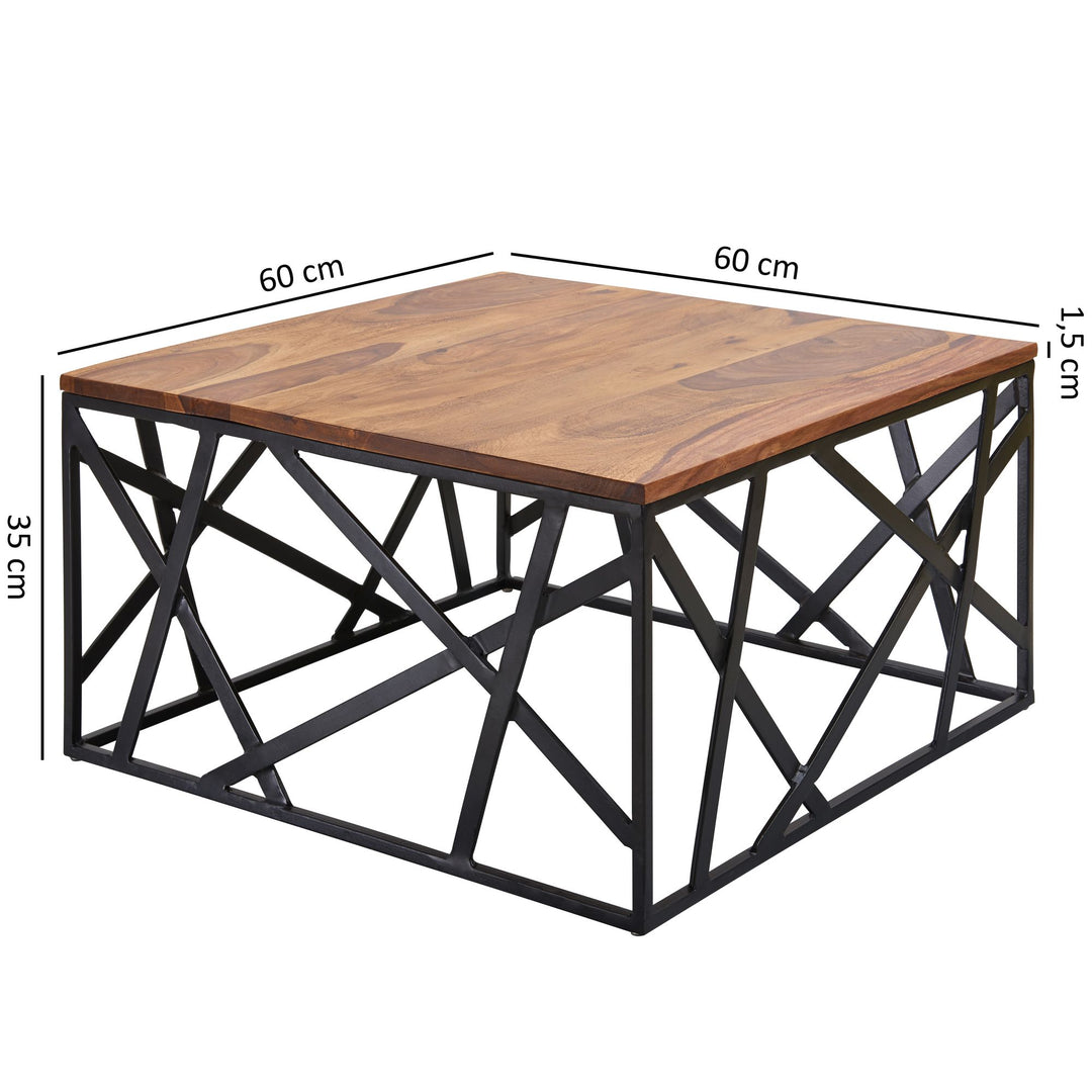 Industrial-Stil Couchtisch_ Sheesham Holz_ 60x60 cm_ Schwarzes Metallgestell - KADIMA DESIGN_Größe_ 60x60x35 cm_