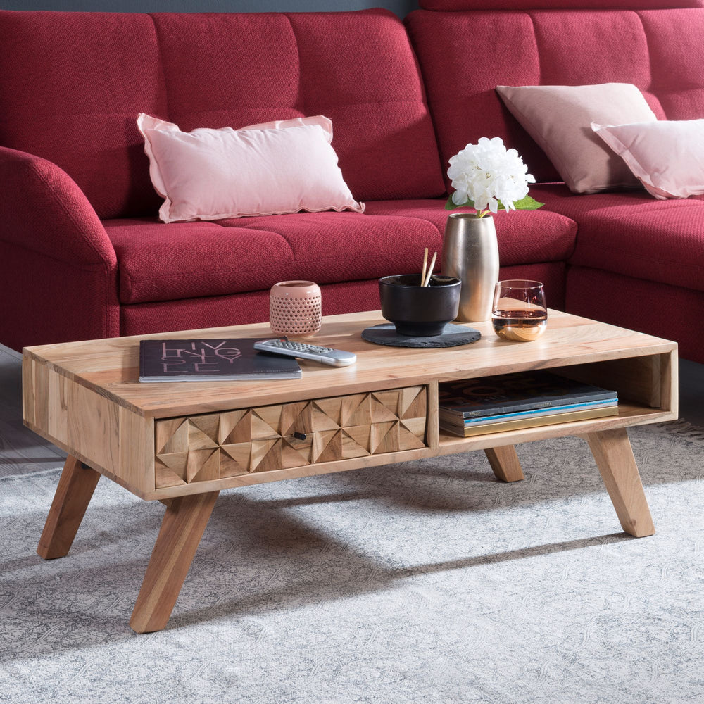 Moderner Landhaus-Stil Couchtisch_ massives Holz_ Schublade_ Ablagefach_ 95x35x50 cm - KADIMA DESIGN_Größe_ 95x50x35 cm_