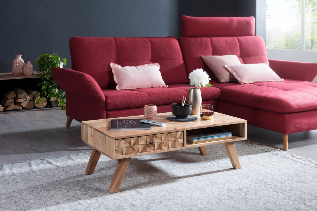 Moderner Landhaus-Stil Couchtisch_ massives Holz_ Schublade_ Ablagefach_ 95x35x50 cm - KADIMA DESIGN_Größe_ 95x50x35 cm_