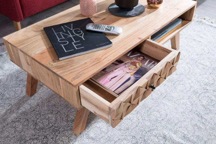 Moderner Landhaus-Stil Couchtisch_ massives Holz_ Schublade_ Ablagefach_ 95x35x50 cm - KADIMA DESIGN_Größe_ 95x50x35 cm_